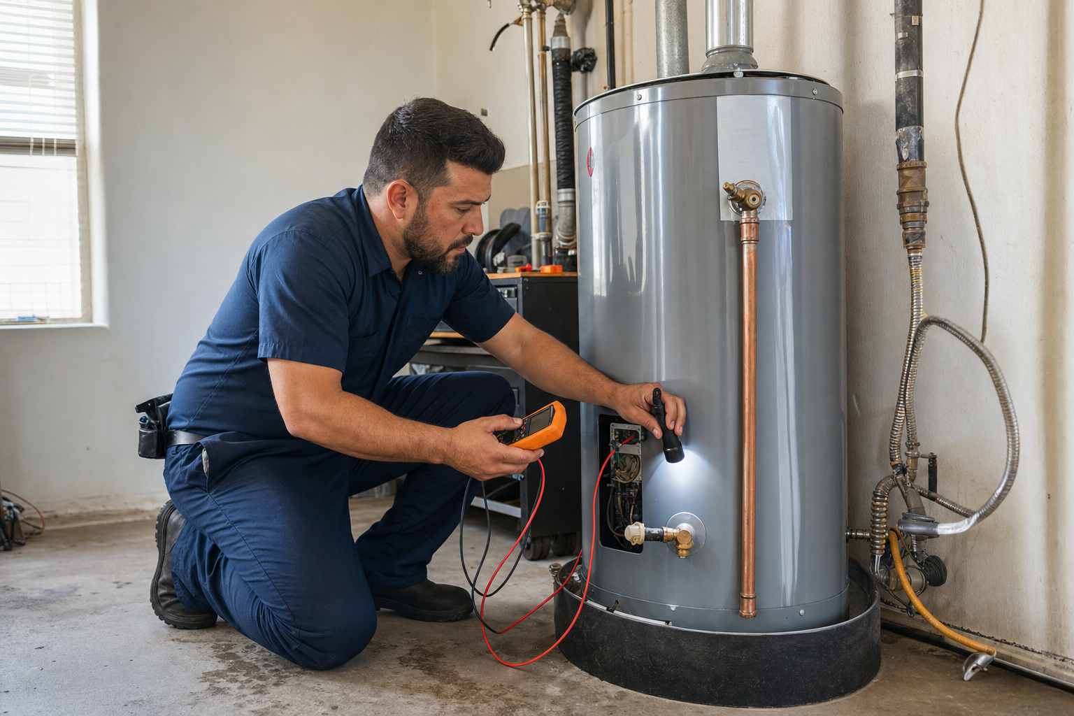 Plumber diagnosing a tank water heater in an Odessa home